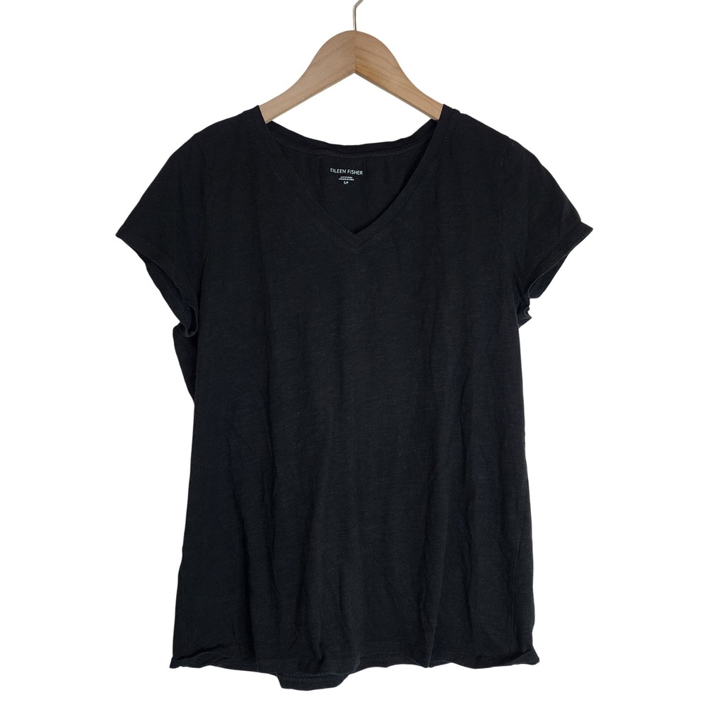 Eileen Fisher Shirt‎ Women's Small V-Neck Short Sleeve Organic Cotton Black